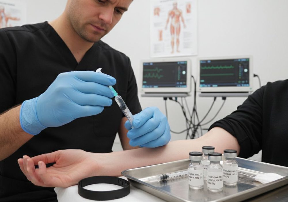 Clinician prepares anesthetic injection in medical room
