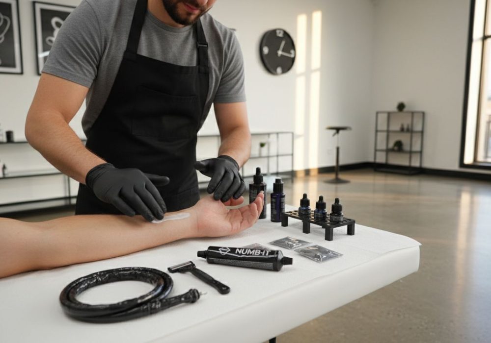 Tattoo artist preparing skin with anesthetic