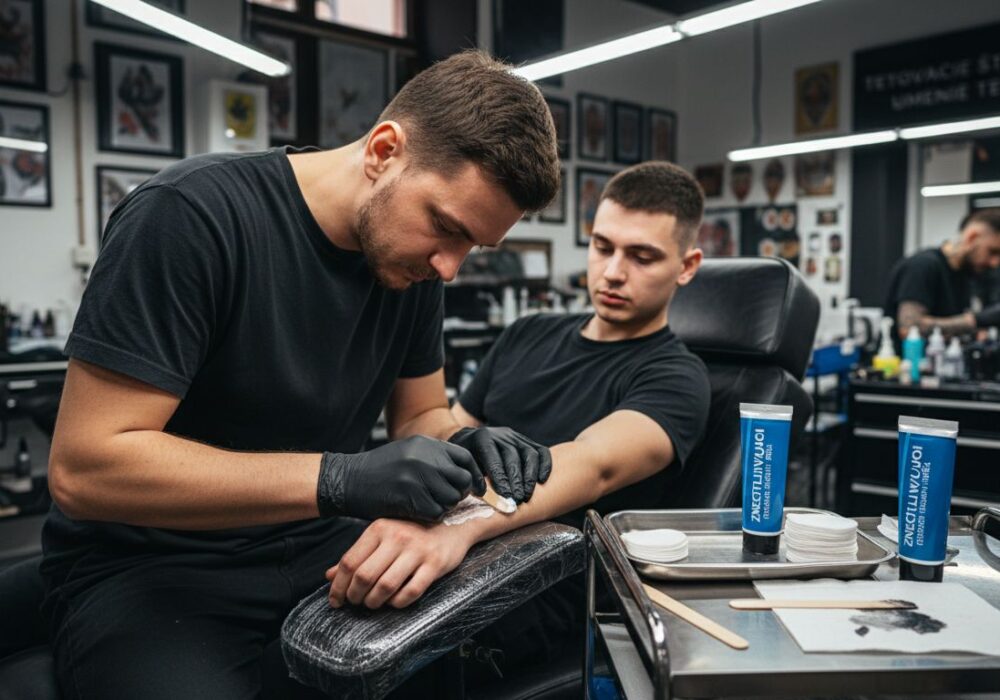 Tatér natiera zákazníkovi ruku znecitlivujúcim krémom pred tetovaním.