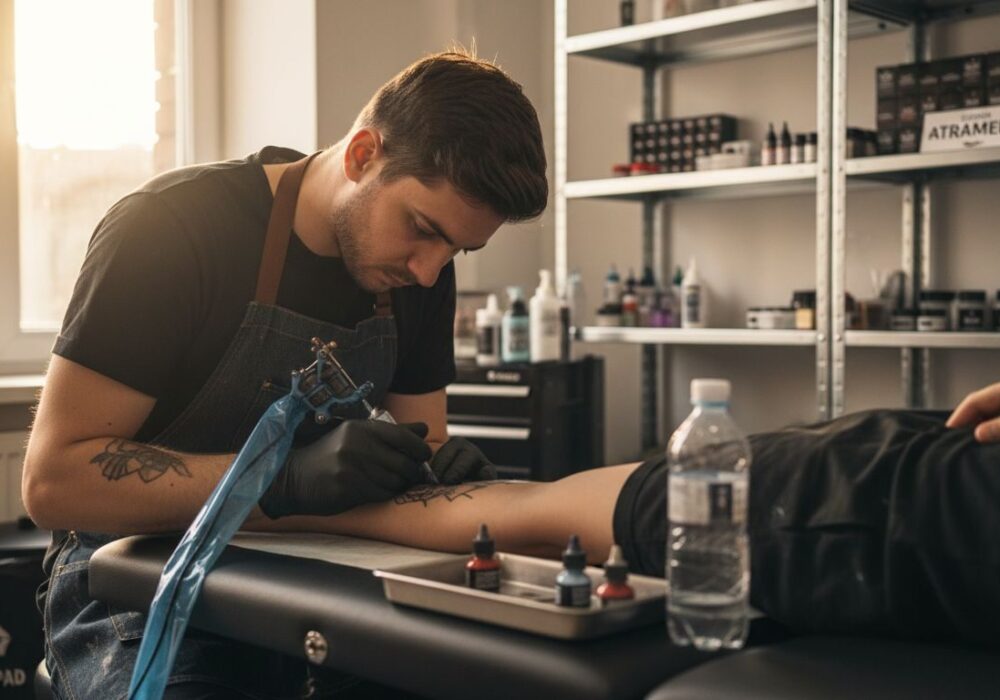 Tatér práve tetuje zákazníkovi predlaktie vo svojom ateliéri.