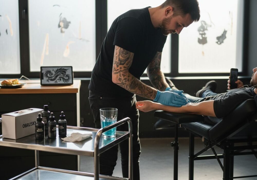 Tatér natiera pokožku znecitlivujúcim krémom pred tetovaním.