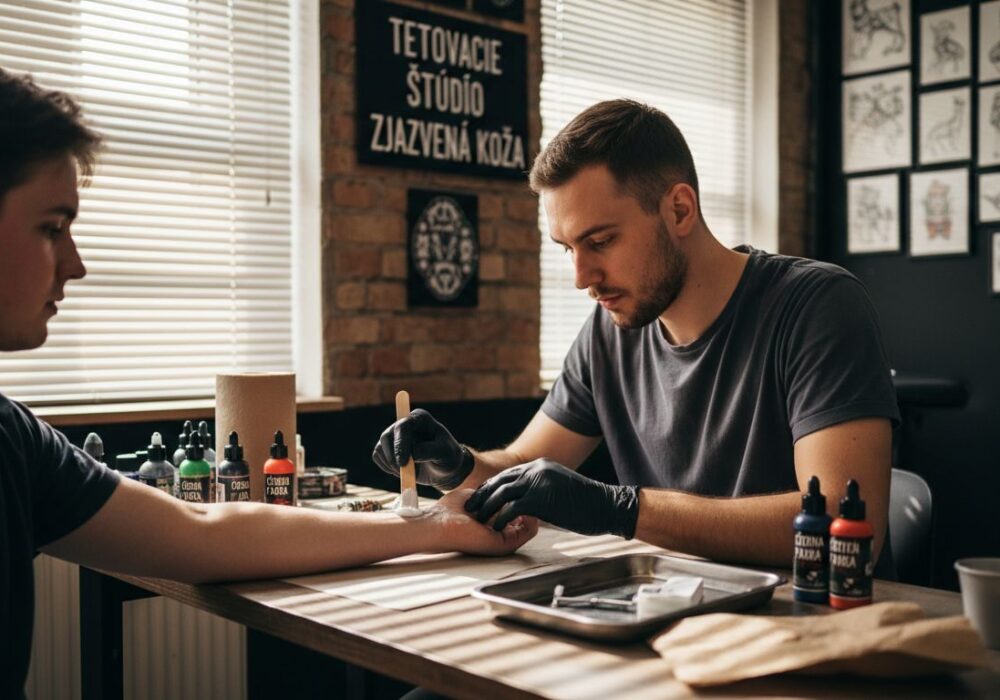 Tatér nanáša na ruku znecitlivujúci krém, aby zmiernil bolesť počas tetovania.