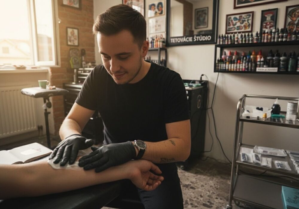 Tatér nanáša znecitlivujúci krém na pokožku pred tetovaním.