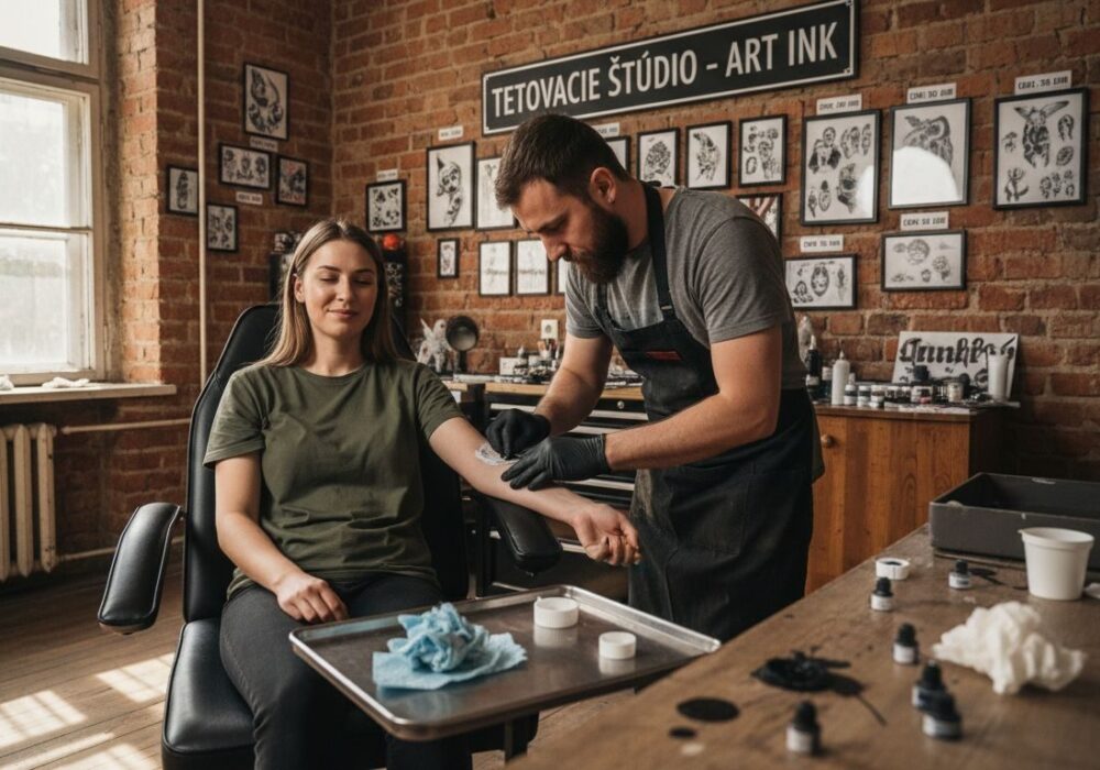 Tatér nanáša zákazníkovi znecitlivujúci krém pred tetovaním.