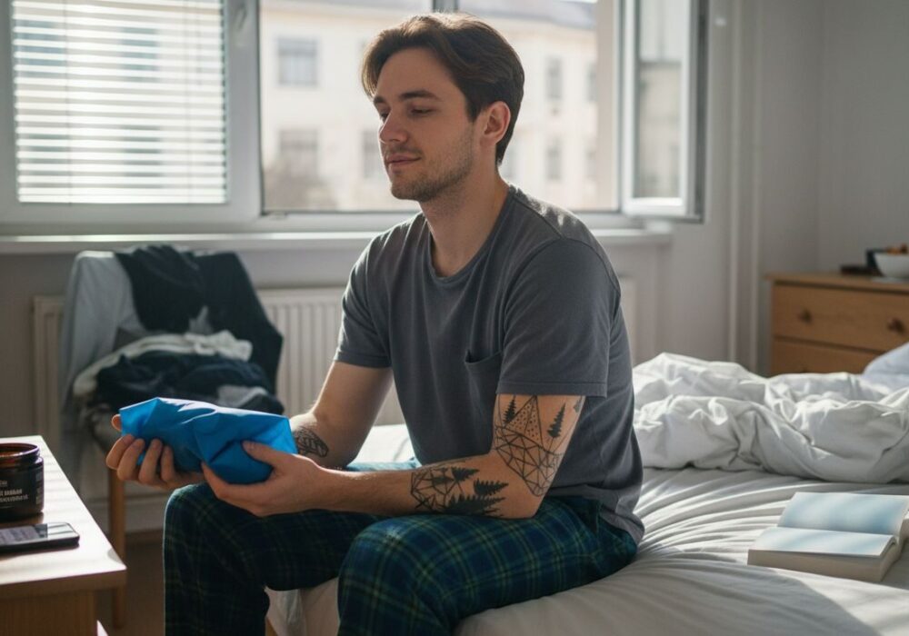 Muž si ošetruje opuchnuté tetovanie na predlaktí.