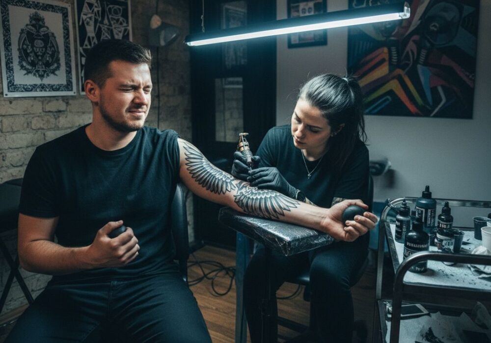 Tatér si tentokrát vyskúšal úlohu zákazníka a na vlastnej koži pocítil, aké to je, keď tetovanie bolí.