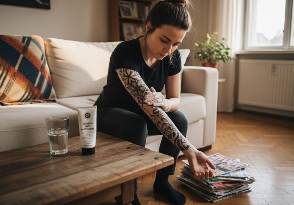 Žena si doma ošetruje čerstvú tetováciu