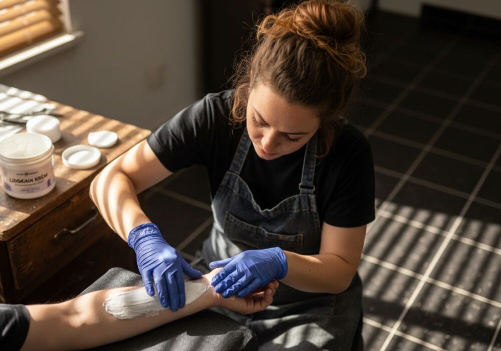 Tatér nanáša zákazníkovi znecitlivujúci krém pred tetovaním.