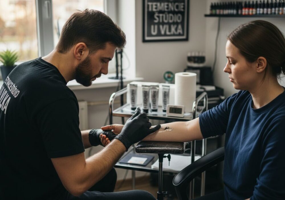 Tatér nanáša znecitlivujúci gél na predlaktie.