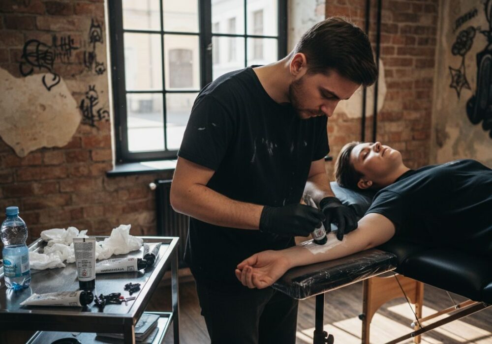 Tatér v štúdiu natiera zákazníkovi kožu znecitlivujúcim krémom pred tetovaním.